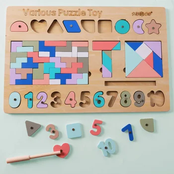 Macaron din Lemn de culoare Diferite Jucărie Puzzle Tetris Tangram Înțelegere Numărul 0-10 Diverse forma Copilul Montessori puzzle-uri jucarii cadou