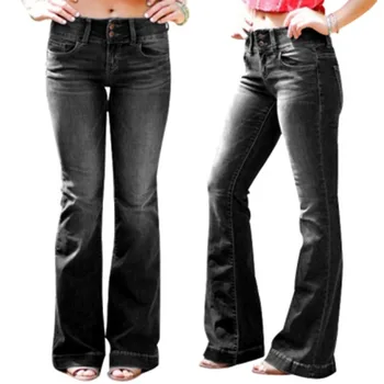 Marimea XS-4XL Femei Blugi Casual Slim Denim Elastic Talie Blugi Supradimensionate Lung Pantaloni Flare Negru Albastru Pantaloni pentru Femei