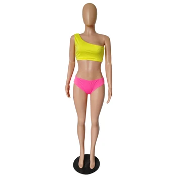 Femei Sexy Pe Un Umar Solid Set De Bikini De Vară Fara Spate Talie Joasa Tanga, Costume De Baie Feminin Fluorescență De Pe Umăr Costume De Baie