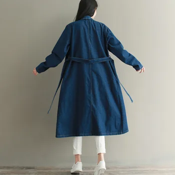 Femei Denim Curea Lunga Haina Vintage Palton Guler de Turn-down Jacket Eșarfe Uza Cardigan Vrac Toamna anului Nou 809-415