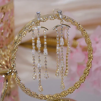 Noua Modă coreean Ciucure Lung Design Boemia Cercei Rafinat AAA Zircon 14K Aur Adevărat Drop Cercel Nunta Bijuterii de Mireasă