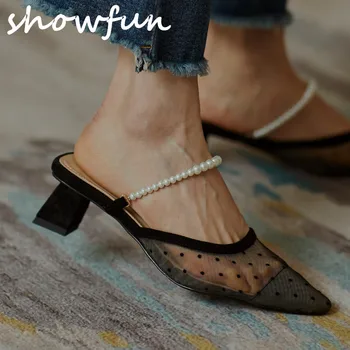 Femei din piele marginita Polka Dot Mesh mozaic alunecare pe sandale cu toc înalt ștrasuri din mărgele catarama a subliniat toe pompe rochie pantofi