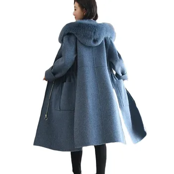 Moda Femei de Haină de Lână Lung de Toamna Iarna de Înaltă calitate Femei Buzunare Sacou Hanorac cu Guler de Blană Cașmir Palton de Lână Jachete