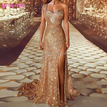 YNQNFS P50 Sexy Picior Ridicat pe Un Umăr de Cristal Sequin Rochie de Aur Rochii de Bal Lungi 2019