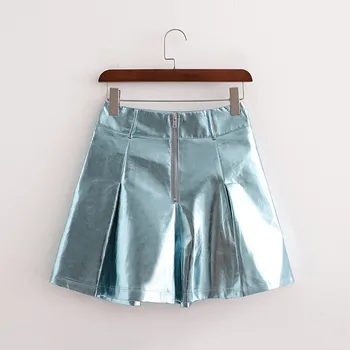 Noi Femeile Elegante de Metal Reflectorizant Za Albastru Fuste Mini Doamnelor Moda Streetwear O-linie Scurt Fuste Femei Fusta cu Talie Inalta