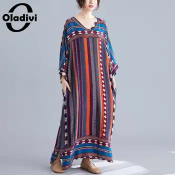 Oladivi Plus Size Print Maxi Dress pentru Femei Primavara-Vara Boho Plaja Uzura Casual Supradimensionate Boem Rochii Lungi Halat Tunici L-6XL
