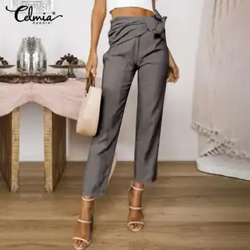Toamna Vintage Lenjerie Pantaloni Femei Elegante Solid Pantaloni de Creion Celmia 2021 Modă Plisate Curea Casual Pierde Pantalon 5XL