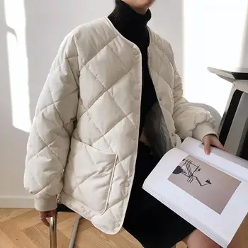 Femei iarna purta Hanfeng rotund gat ingrosat de culoare solidă diamant verifica bumbac căptușit haine