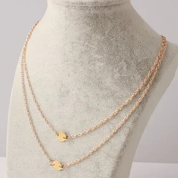 2016 New Hot Unique Fashion Gold Round Bar Lariat Necklaces Long Strip Circle Double Layers Metal Discs Pendants Necklaces Women