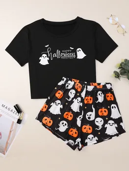 Femei Seturi De 2 Buc Interioară Halloween Homewear Seturi De Dovleac Fantoma Imprimat Cu Maneci Scurte Tricou + Pantaloni Scurti Casual Pijamale Seturi