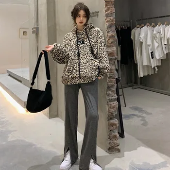 2020 toamna/iarna nou stil ~ versiunea coreeană a hanorac cu print leopard gros pulover de lână gri + liber split colector pantaloni