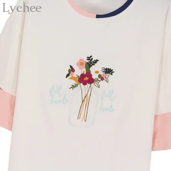 Lychee Vara Femei T-shirt Vaza Broderie Lovit de Mozaic de Culoare Liber Casual cu Maneci Scurte T Shirt Tee Top